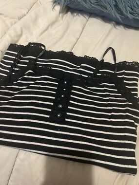 Black & White Striped Lace Trim Cami